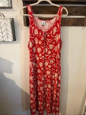 CAbi Tearoom Dress Red and Cream Floral Tie-Front Maxi